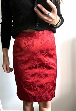 Red Satin Sexy Tight pencil Floral Cheongsam Skirt S M