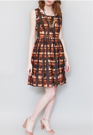 VINTAGE 1950'S BROWN & ORANGE MINI SKATER DRESS