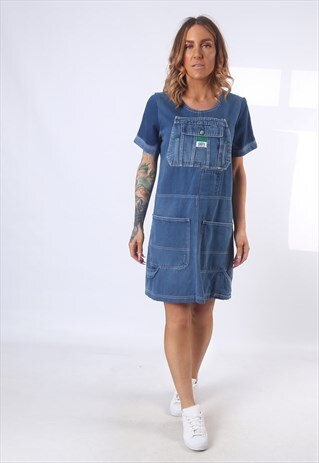 DENIM DRESS BICH REWORKED SHORT VINTAGE UK 8 - 10 (5AG)