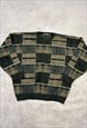 VINTAGE KNITTED JUMPER ABSTRACT PATTERNED GRANDAD SWEATER