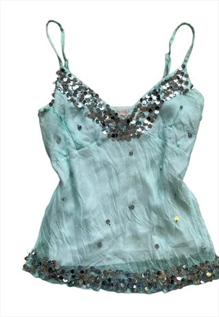 VINTAGE Y2K MESH CAMI TOP BLUE SEQUINNED SUMMER FESTIVAL