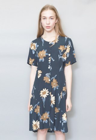 VINTAGE 1990'S DARK BLUE FLORAL MINI DRESS