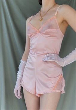 1970s vintage peach pink nylon teddy lingerie bodysuit M/S