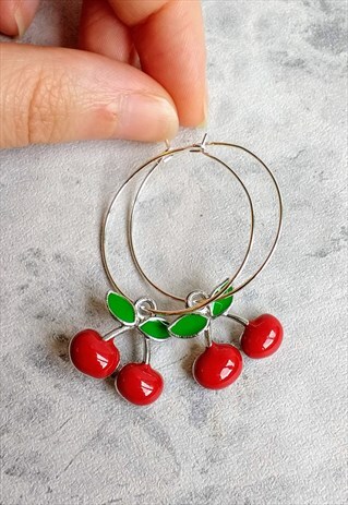 ENAMEL CHERRY HOOP EARRINGS