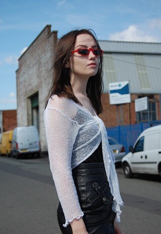 90S WHITE LOOSE-KNIT TIE CARDIGAN