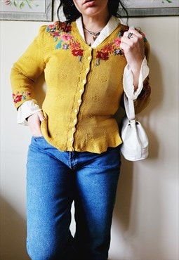 80s handmade knit mustard yellow floral pattern cardigan