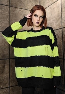 Punk stripe sweater distressed grunge jumper in green black