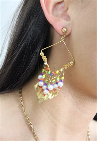 1990'S COLOURED BEAD BOHO DROP EARRINGS