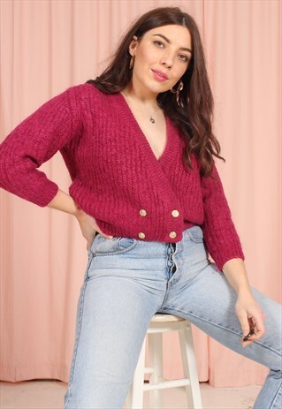 VINTAGE 80S CARDIGAN IN PINK CHUNKY KNIT