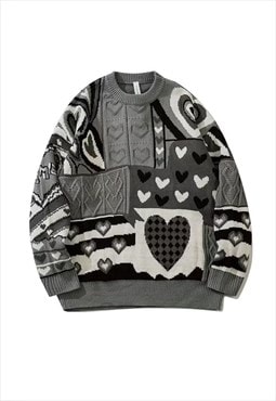 Heart pattern sweater check pattern cable knit jumper grey