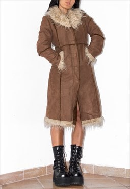 Y2k Vintage Fluffy Brown Faux Fur Trim Coat