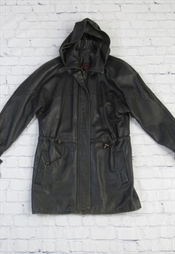 90s Vintage Black Leather Jacket Hooded Drawstring Waist