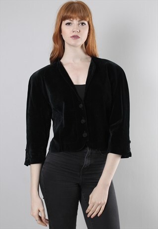 VINTAGE 80S VELVET BLACK CROPPED BLAZER JACKET