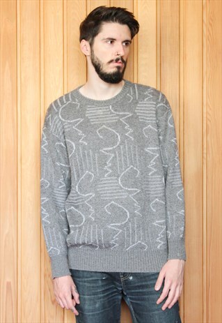 VINTAGE 1980S GREY PATTERNED JUMPER