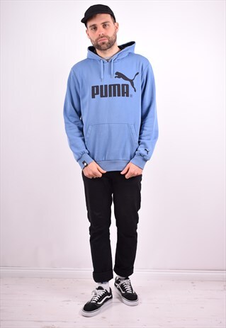 PUMA MENS VINTAGE HOODIE JUMPER LARGE BLUE 90'S