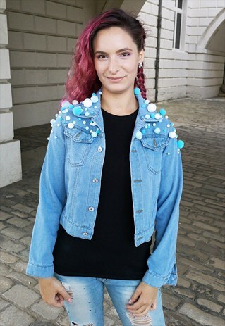 BLUE DENIM JACKET WITH HAND STITCHED POM POMS