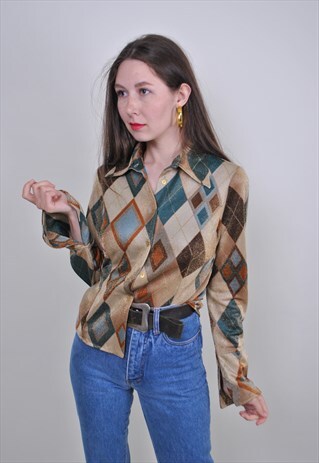 80S ABSTRACT PRINT BROWN BLOUSE, GEOMETRIC PATTERN SHIRT