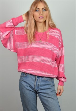 VINTAGE 90S PINK STRIPE OVERSIZED KNITTED JUMPER