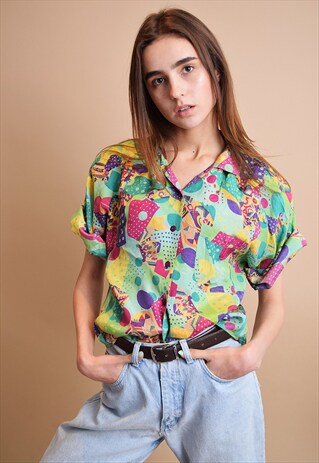 90'S RETRO ABSTRACT PATTERN SHIMMER SHIRT TOP BLOUSE