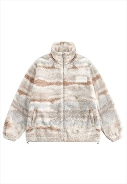 Abstract fleece striped  jacket fluffy bomber track jacket 