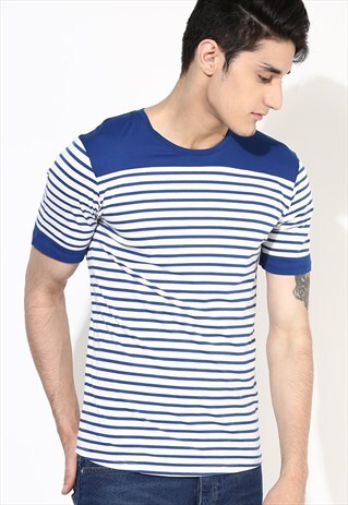 STRIPE T-SHIRT MENS CUT AND SEW T SHIRT BLUE STRIPE T SHIRT