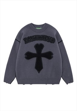 Patchwork sweater knitted cross jumper Gothic top in grey