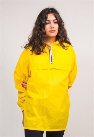 VINTAGE 90'S BRIGHT YELLOW K-WAY QUARTER ZIP CAGOULE JACKET