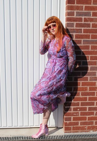 VINTAGE 70'S PURPLE PAISLEY PRINT MAXI DRESS MESH SLEEVES
