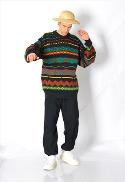 Vintage 90s Colourful Ornamental Striped Wool Blend Jumper