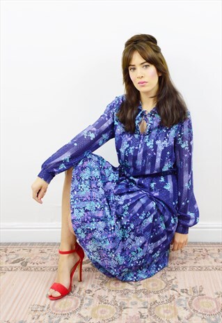VINTAGE 80S BLUE FLORAL STRIPED BOHO MIDI DRESS