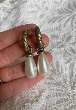 Vintage 80s Statement Pearl Gold Hoop Earrings