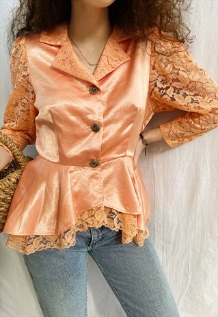 VINTAGE 80S PEACHY LUXE PARISIAN SATIN LACE PEPLUM BLOUSE