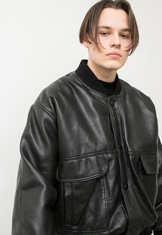 VINTAGE BLACK FAUX LEATHER BOMBER STYLE JACKET OVERSIZED