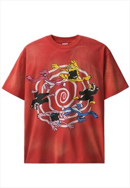 Monster cartoon t-shirt psychedelic tee retro top bleach red