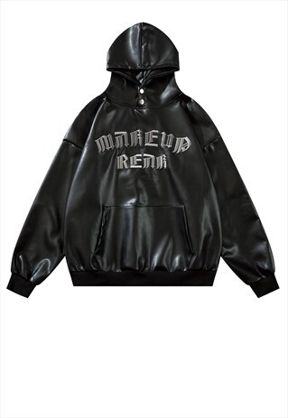 FAUX LEATHER HOODIE JAPANESE PULLOVER GRUNGE TOP IN BLACK