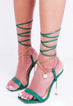 Green bee pu stiletto padlock chain ankle strap heel