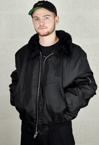 AUTHENTIC BLACK MA1 FLIGHT BOMBER JACKET WITH FUN FUR COLLAR