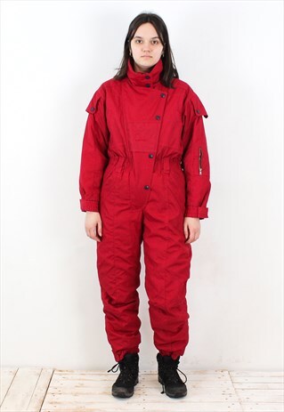80S SKI SUIT JUMPSUIT PLAYSUIT OVERALLS COVERALLS RED SNOW