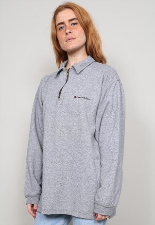 VINTAGE 90'S CHAMPION MARL GREY ZIP UP COLLARED SWEATER