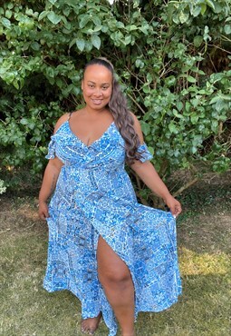 Summer Loving Wrap Maxi Dress With Frills In Blue And White