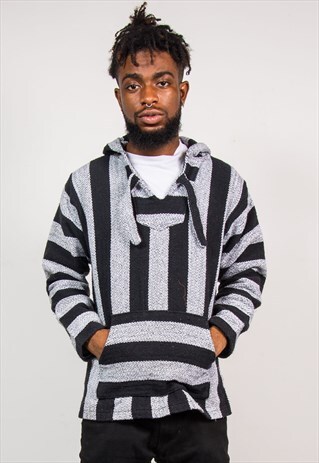 90'S VINTAGE BLACK STRIPE GRUNGE FESTIVAL BAJA HOODIE JUMPER