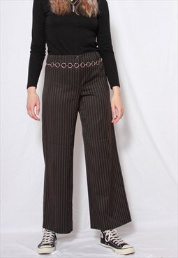 Vintage 90s Grunge Y2k Black Pin-stripe Wide-Leg Trousers