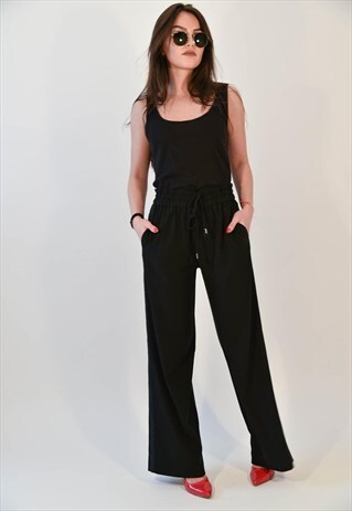BLACK WIDE LEG PANTS/HIGH WAIST/ELASTIC BAND/ELEGANT/F2049