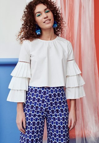 PUCKER PLEAT SLEEVE COTTON BLOUSE WITH TIE BACK