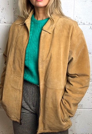 VINTAGE SUEDE LEATHER JACKET BOMBER COLLARED CAMEL BEIGE