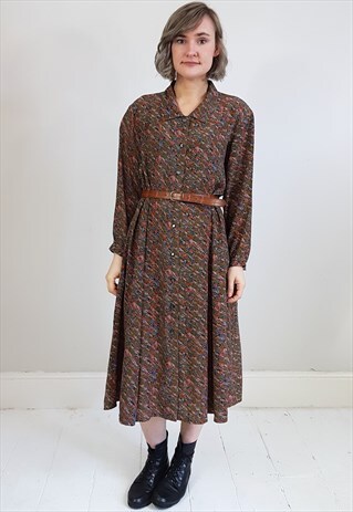VINTAGE 80'S GREEN AND BROWN BUTTON DOWN ABSTRACT DRESS