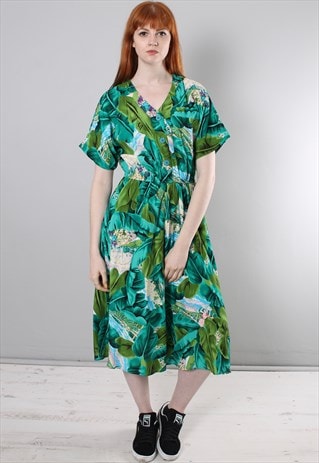 VINTAGE 80S TURQUOISE PATTERNED MIDI FESTIVAL DRESS