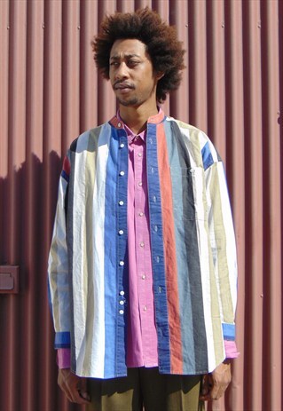 90S LUXURY VERTICAL STRIPE LINEN ROUND COLLAR SHIRT XL