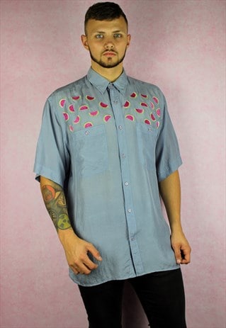 WATERMELON EMBROIDERED LIGHT BLUE VINTAGE SILK SHIRT