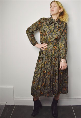 VINTAGE 80S CO-ORD PAISLEY MATCHING SKIRT & BLOUSE PUSSY BOW